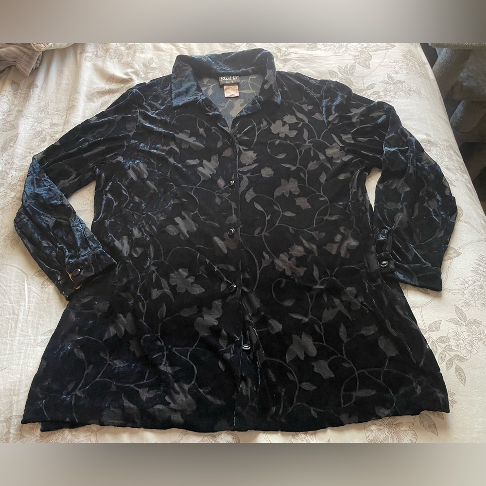 Vintage‎ Navy Velvet Floral Burnout Button Down Shirt XL Whimsigoth Fairy Grunge